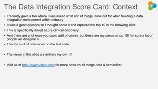 The Data Integration Score Card: Context
• I recently gave a talk where I was asked what sort of things I look out for when building a data
integration environment within Industry
• It was a good question so I thought about it and captured the top 10 in the following slide
• This is specifically aimed at pre-clinical discovery
• And there are a lot more you could add of course, but these are my personal top 10! I’m sure a lot of
people will disagree 
• There’s a lot of references on the last slide
• The views in this slide are entirely my own 
• Visit us at http://www.scibite.com for more news on all things data & semantics!
 