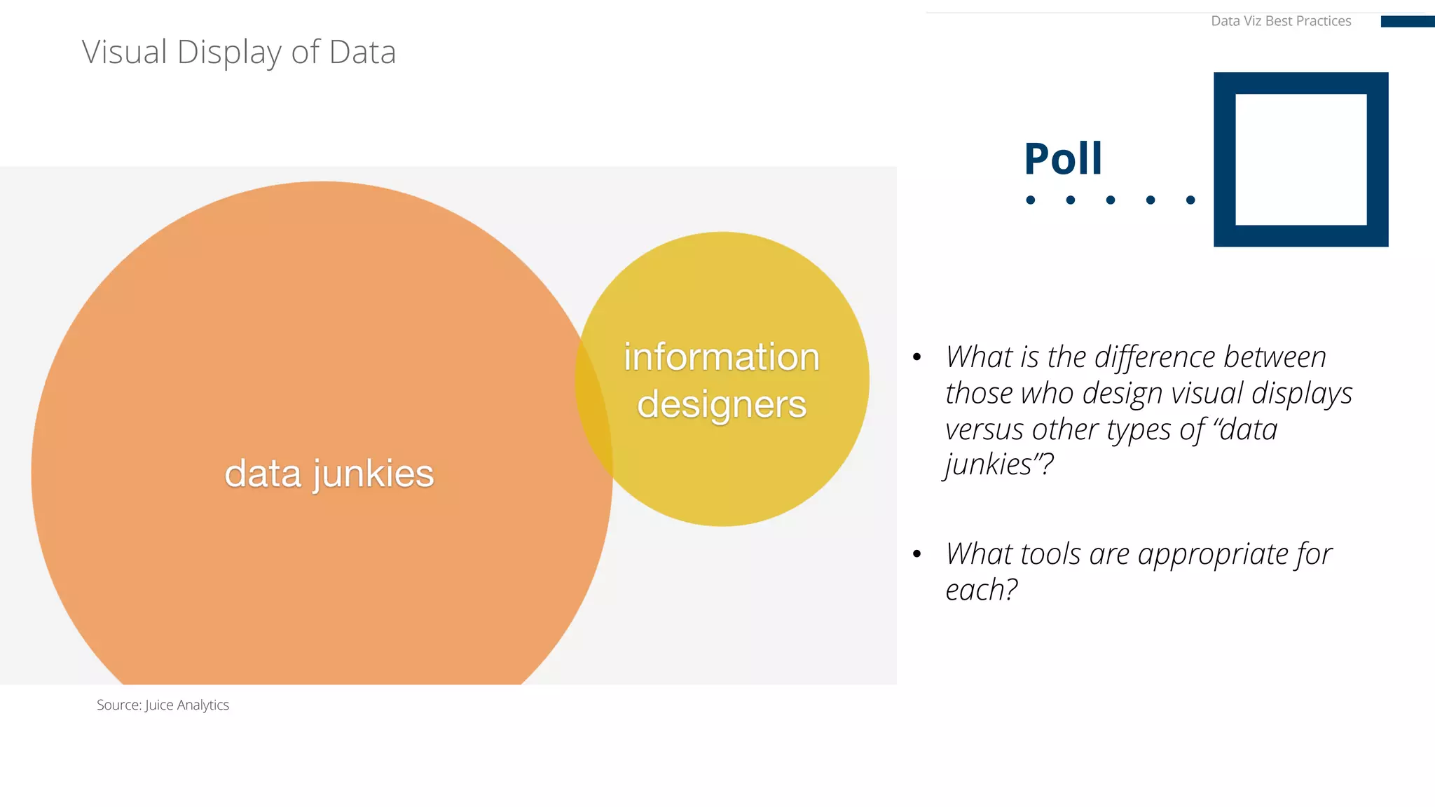 Visual Display of Data
• What is the difference between
those who design visual displays
versus other types of “data
junkies”?
• What tools are appropriate for
each?
Source: Juice Analytics
Data Viz Best Practices
 