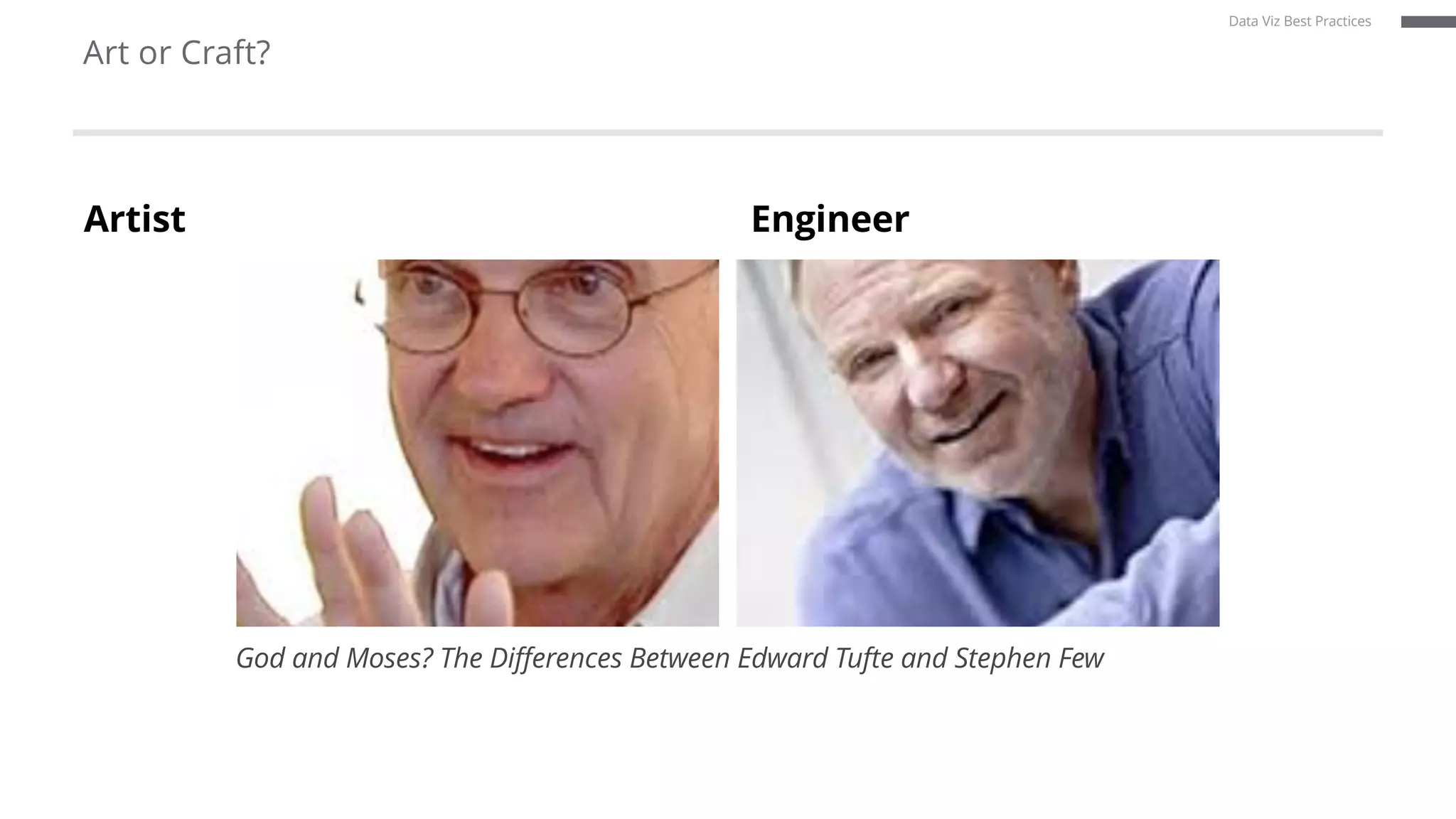 Art or Craft?
Artist Engineer
God and Moses? The Differences Between Edward Tufte and Stephen Few
Data Viz Best Practices
 