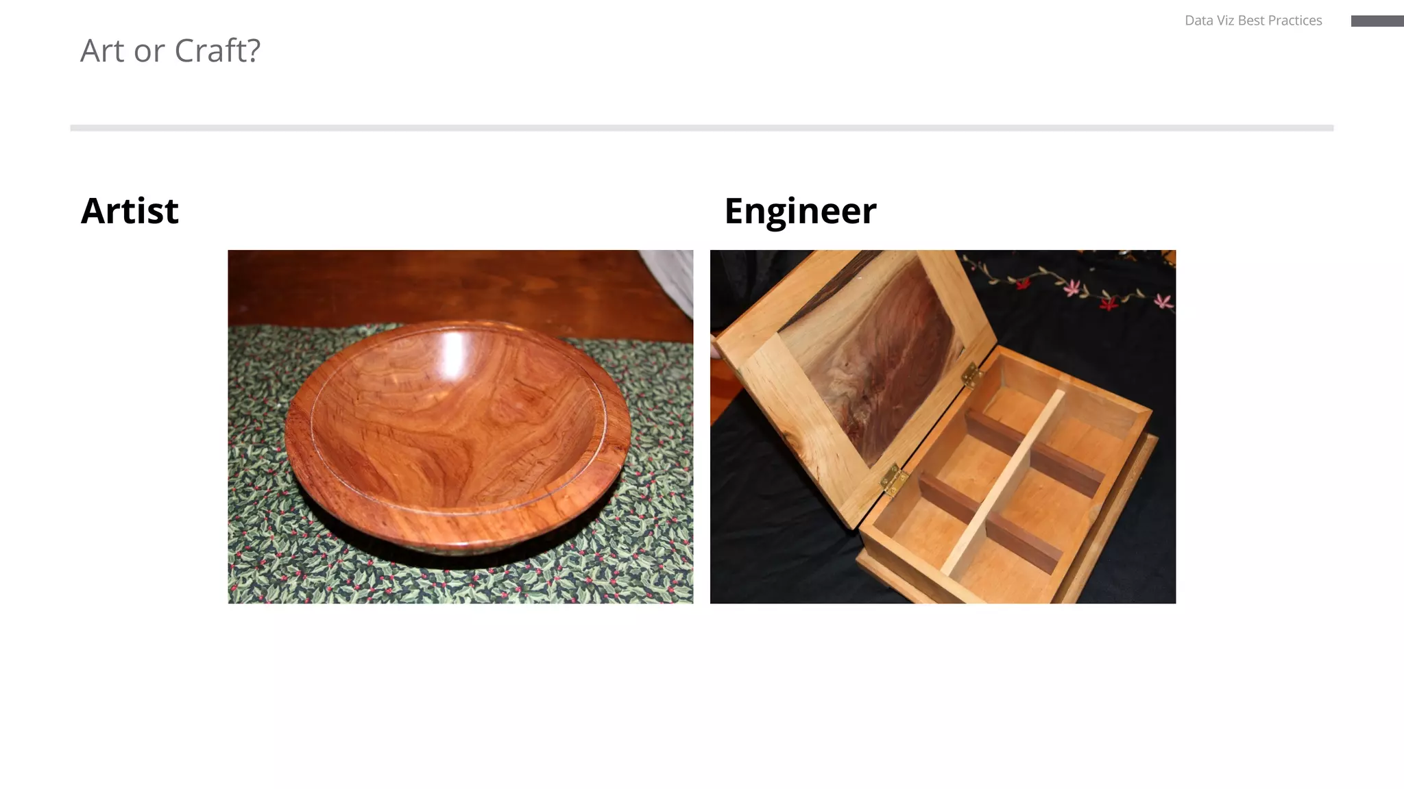 Art or Craft?
Artist Engineer
Data Viz Best Practices
 