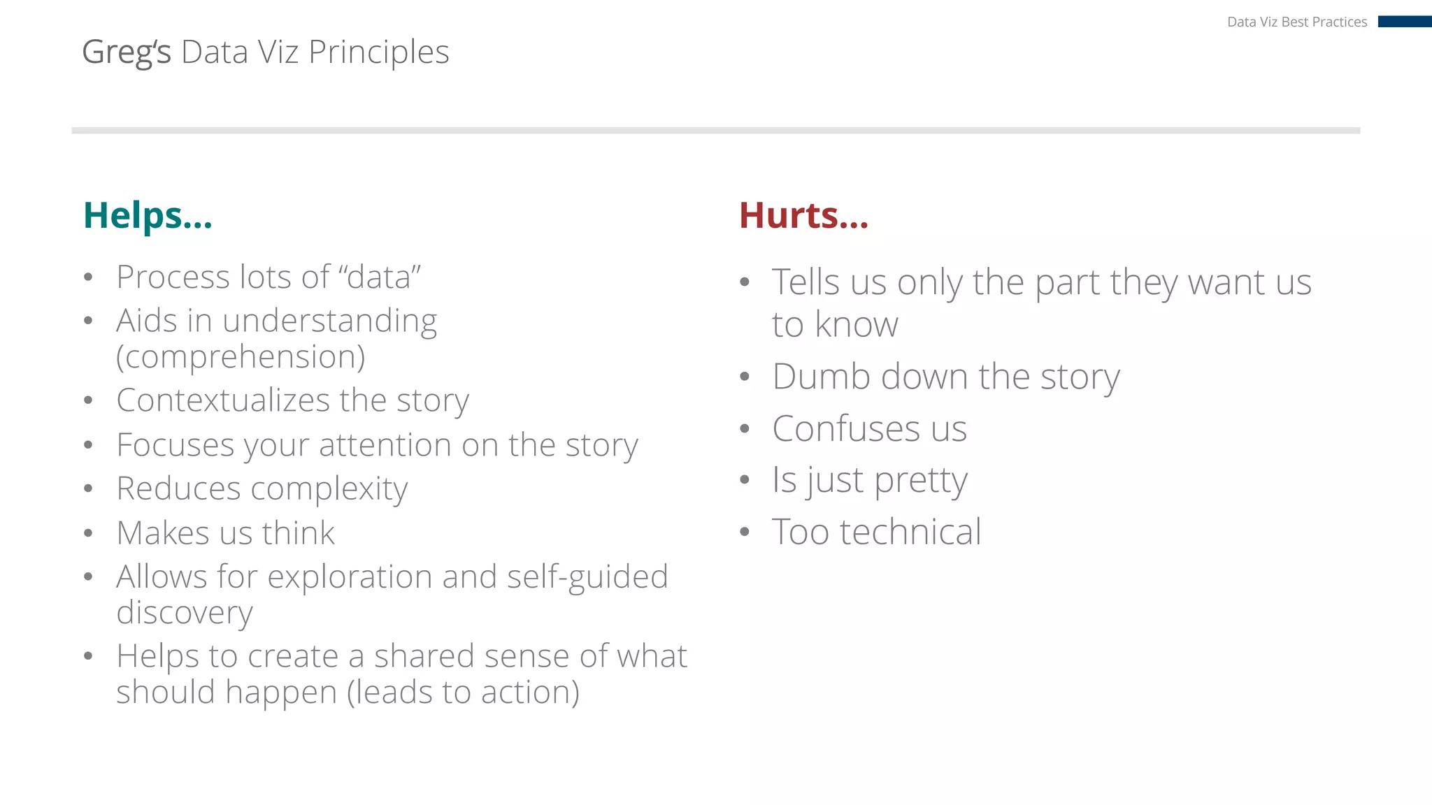 Greg‘s Data Viz Principles
Helps…
• Process lots of “data”
• Aids in understanding
(comprehension)
• Contextualizes the story
• Focuses your attention on the story
• Reduces complexity
• Makes us think
• Allows for exploration and self-guided
discovery
• Helps to create a shared sense of what
should happen (leads to action)
Hurts…
• Tells us only the part they want us
to know
• Dumb down the story
• Confuses us
• Is just pretty
• Too technical
Data Viz Best Practices
 