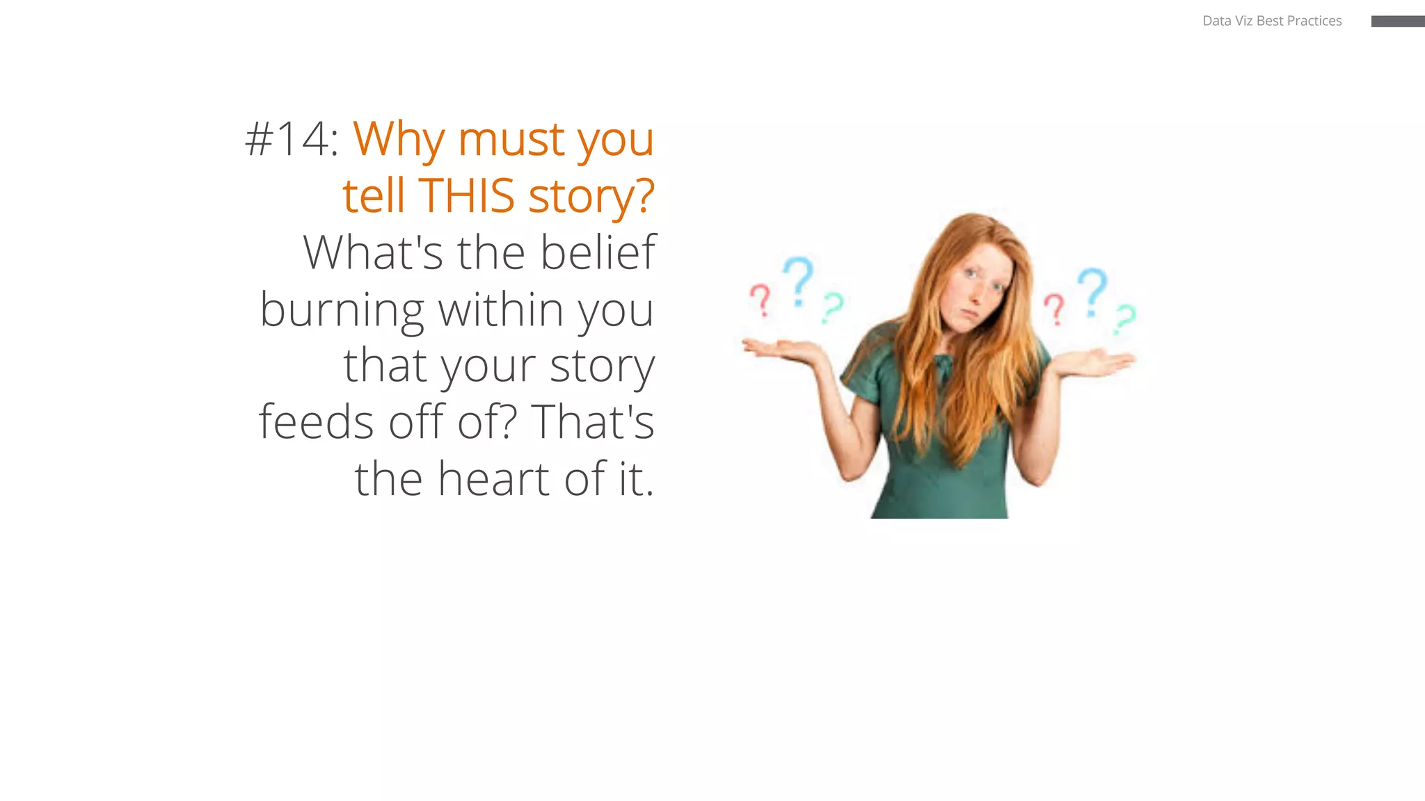 #14: Why must you
tell THIS story?
What's the belief
burning within you
that your story
feeds off of? That's
the heart of it.
Data Viz Best Practices
 