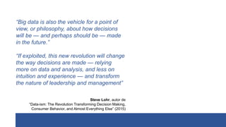 “Big data is also the vehicle for a point of
view, or philosophy, about how decisions
will be — and perhaps should be — made
in the future.”
“If exploited, this new revolution will change
the way decisions are made — relying
more on data and analysis, and less on
intuition and experience — and transform
the nature of leadership and management”
Steve Lohr, autor de
“Data-ism: The Revolution Transforming Decision Making,
Consumer Behavior, and Almost Everything Else” (2015)
 
