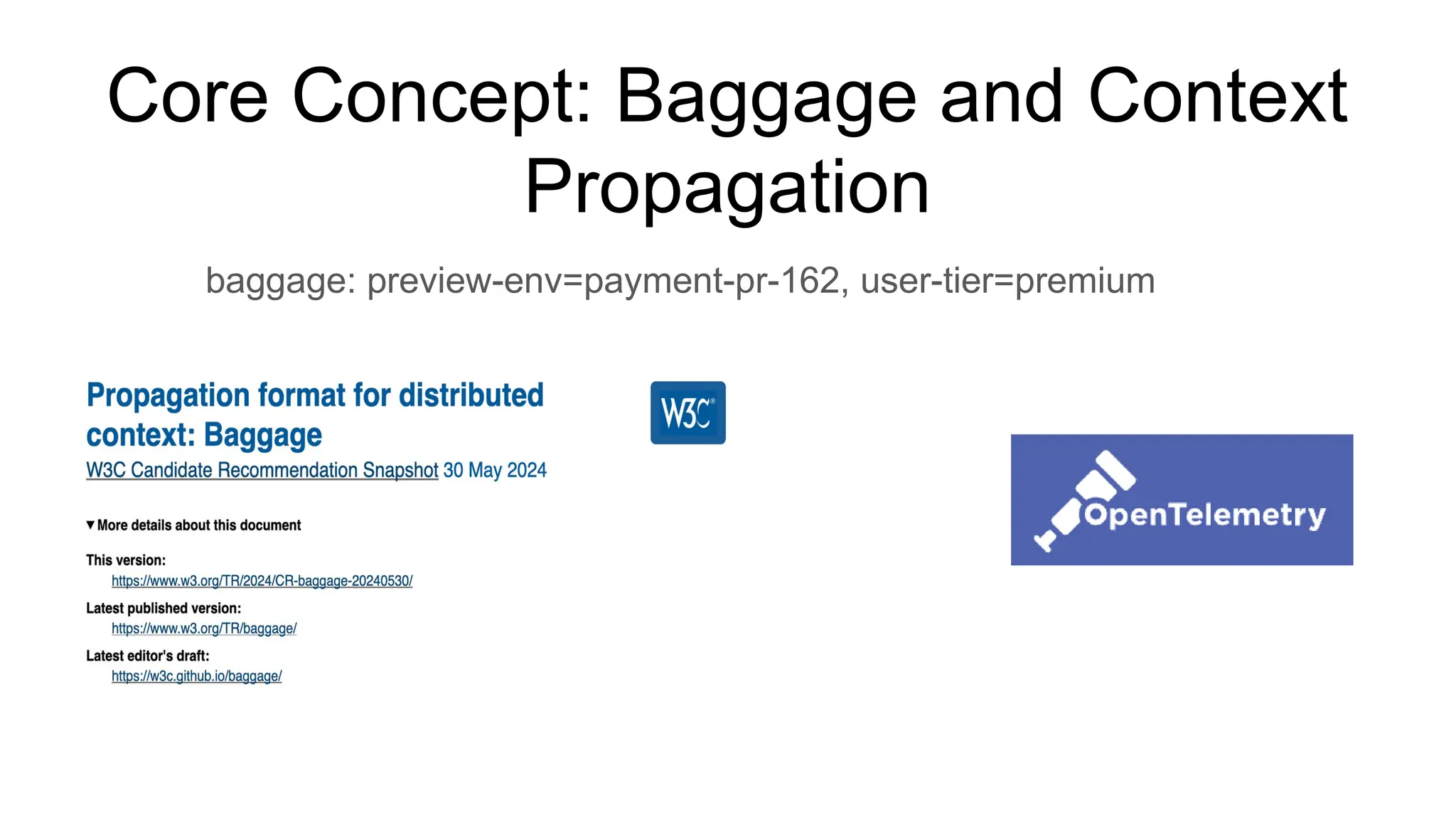 Core Concept: Baggage and Context
Propagation
baggage: preview-env=payment-pr-162, user-tier=premium
 