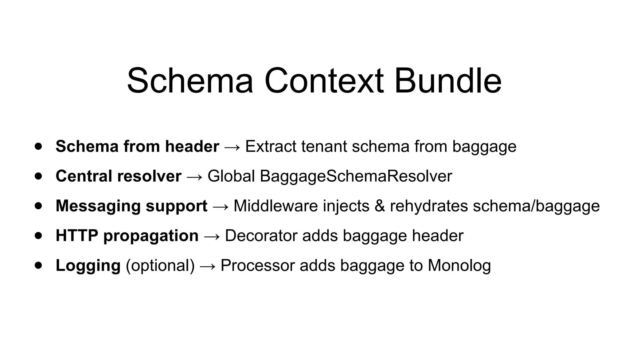 Schema Context Bundle
● Schema from header → Extract tenant schema from baggage
● Central resolver → Global BaggageSchemaResolver
● Messaging support → Middleware injects & rehydrates schema/baggage
● HTTP propagation → Decorator adds baggage header
● Logging (optional) → Processor adds baggage to Monolog
 