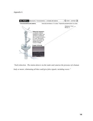 Appendix 4.




“Early detection. The station detects via the radar and cameras the presence of a human

body or motor, eliminating all that could give false signals, including waves.”




                                                                                          14
 