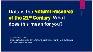 Data is the Natural Resource
of the 21st Century. What
does this mean for you?
LUIS CARRASCO-CORTES
IBM COGNITIVE PROCESS TRANSFORMATION LEADER, CANADA AND CARIBBEAN.
ALL OPINIONS ARE MY OWN
1
 
