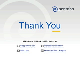 © 2014, Pentaho. All Rights Reserved. pentaho.com. Worldwide +1 (866) 660-755516
Thank You
blog.pentaho.com
@Pentaho
Facebook.com/Pentaho
Pentaho Business Analytics
JOIN THE CONVERSATION. YOU CAN FIND US ON:
 