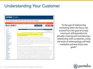 © 2014, Pentaho. All Rights Reserved. pentaho.com. Worldwide +1 (866) 660-75552
Understanding Your Customer
“In	
  the	
  age	
  of	
  relationship	
  
marketing	
  when	
  the	
  focus	
  has	
  
moved	
  from	
  the	
  goal	
  of	
  simply	
  
moving	
  or	
  selling	
  product	
  to	
  
actually	
  creating	
  and	
  maintaining	
  a	
  
relationship	
  with	
  a	
  customer,	
  using	
  
the	
  tools	
  of	
  anthropology	
  will	
  help	
  
marketers	
  achieve	
  those	
  new	
  
goals”	
  
 