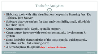 08/05/2025
B.Ramamurthy 2016
Tools for Analytics
 Elaborate tools with nifty visualizations; expensive licensing fees: Ex:
Tableau, Tom Sawyer
 Software that you can buy for data analytics: Brilig, small, affordable
but short-lived
 Open sources tools: Gephi, sporadic support
 Open source, freeware with excellent community involvement: R
system
 Some desirable characteristics of the tools: simple, quick to apply,
intuitive, useful, flat learning curve
 A demo to prove this point: data  actions /decisions
27
 