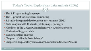 08/05/2025
B.Ramamurthy 2016
Today’s Topic: Exploratory data analysis (EDA)
 The R Programming language
 The R project for statistical computing
 R Studio integrated development environment (IDE)
 Data analysis with R: charts, plots, maps, packages
 Also look at the CRAN: Comprehensive R Archive Network
 Understanding your data
 Basic statistical analysis
 Chapter 1 : What is Data Science?
 Chapter 2: Exploratory Data Analysis and Data Science Process
34
 