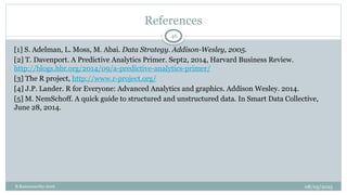 08/05/2025
B.Ramamurthy 2016
References
[1] S. Adelman, L. Moss, M. Abai. Data Strategy. Addison-Wesley, 2005.
[2] T. Davenport. A Predictive Analytics Primer. Sept2, 2014, Harvard Business Review.
http://blogs.hbr.org/2014/09/a-predictive-analytics-primer/
[3] The R project, http://www.r-project.org/
[4] J.P. Lander. R for Everyone: Advanced Analytics and graphics. Addison Wesley. 2014.
[5] M. NemSchoff. A quick guide to structured and unstructured data. In Smart Data Collective,
June 28, 2014.
46
 