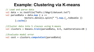 Example: Clustering via K-means 
// Load and parse data 
val data = sc.textFile(“hdfs://bbgrl/dataset.txt”) 
val parsedData = data.map { x => 
Vectors.dense(x.split(“ “).map.(_.toDouble )) 
}.cache() 
//Cluster data into 5 classes using K-means 
val clusters = Kmeans.train(parsedData, k=5, numIterations=20 ) 
//Evaluate model error 
val cost = clusters.computeCost(parsedData) 
 