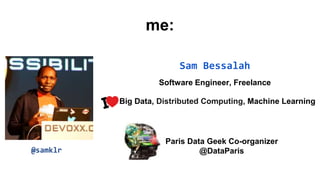 me: 
Sam Bessalah 
Software Engineer, Freelance 
Big Data, Distributed Computing, Machine Learning 
Paris Data Geek Co-organizer 
@samklr @DataParis 
 