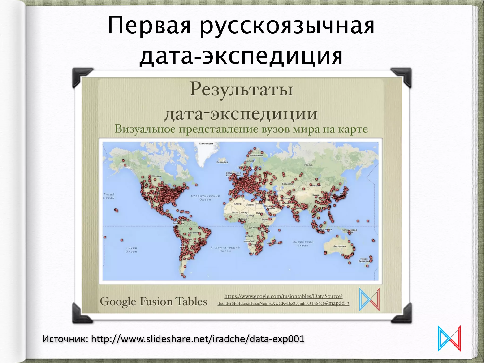 Первая русскоязычная  
дата-экспедиция
Источник:	
  http://www.slideshare.net/iradche/data-­‐exp001
 