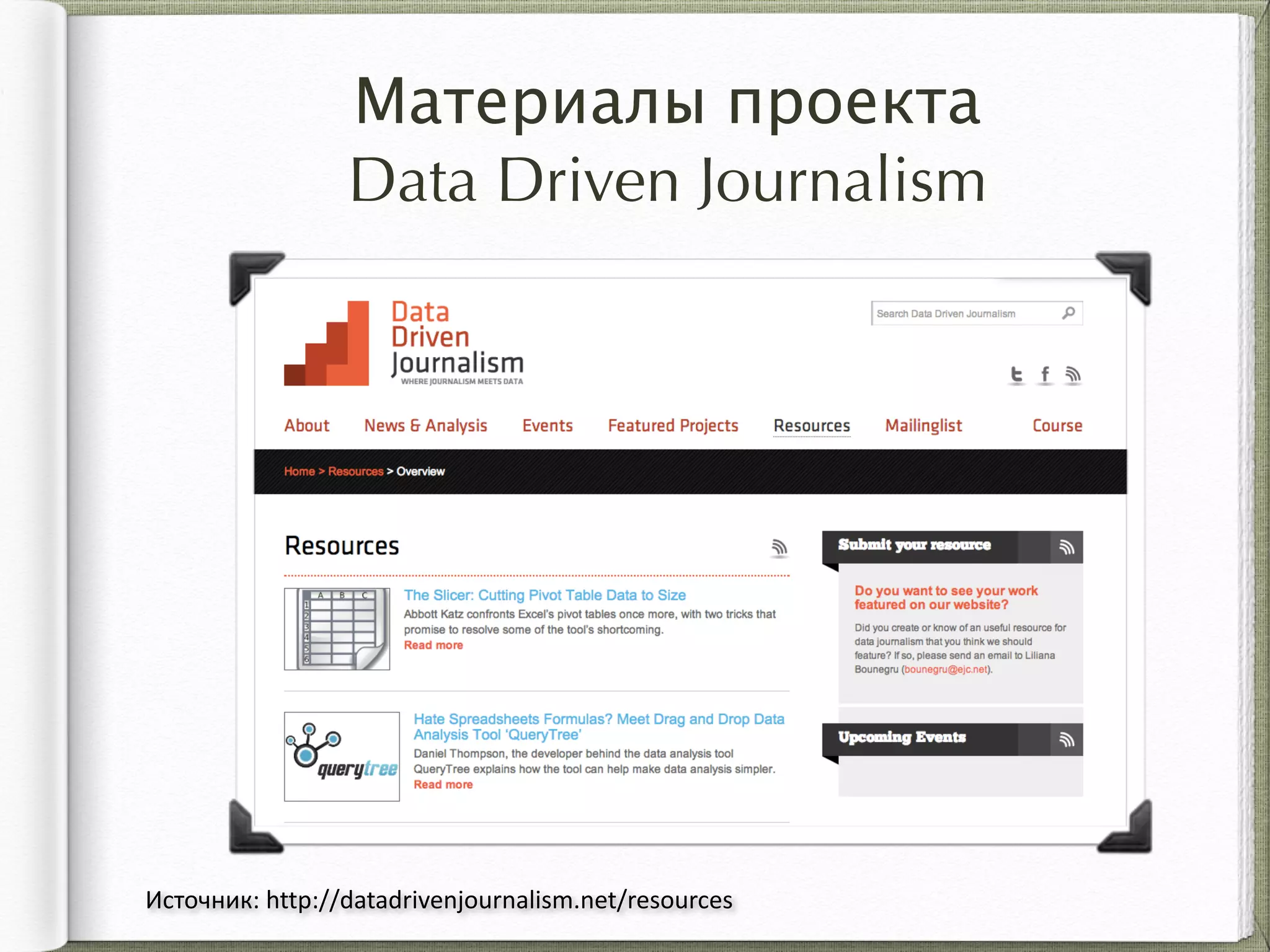 Материалы проекта  
Data Driven Journalism
Источник:	
  http://datadrivenjournalism.net/resources
 