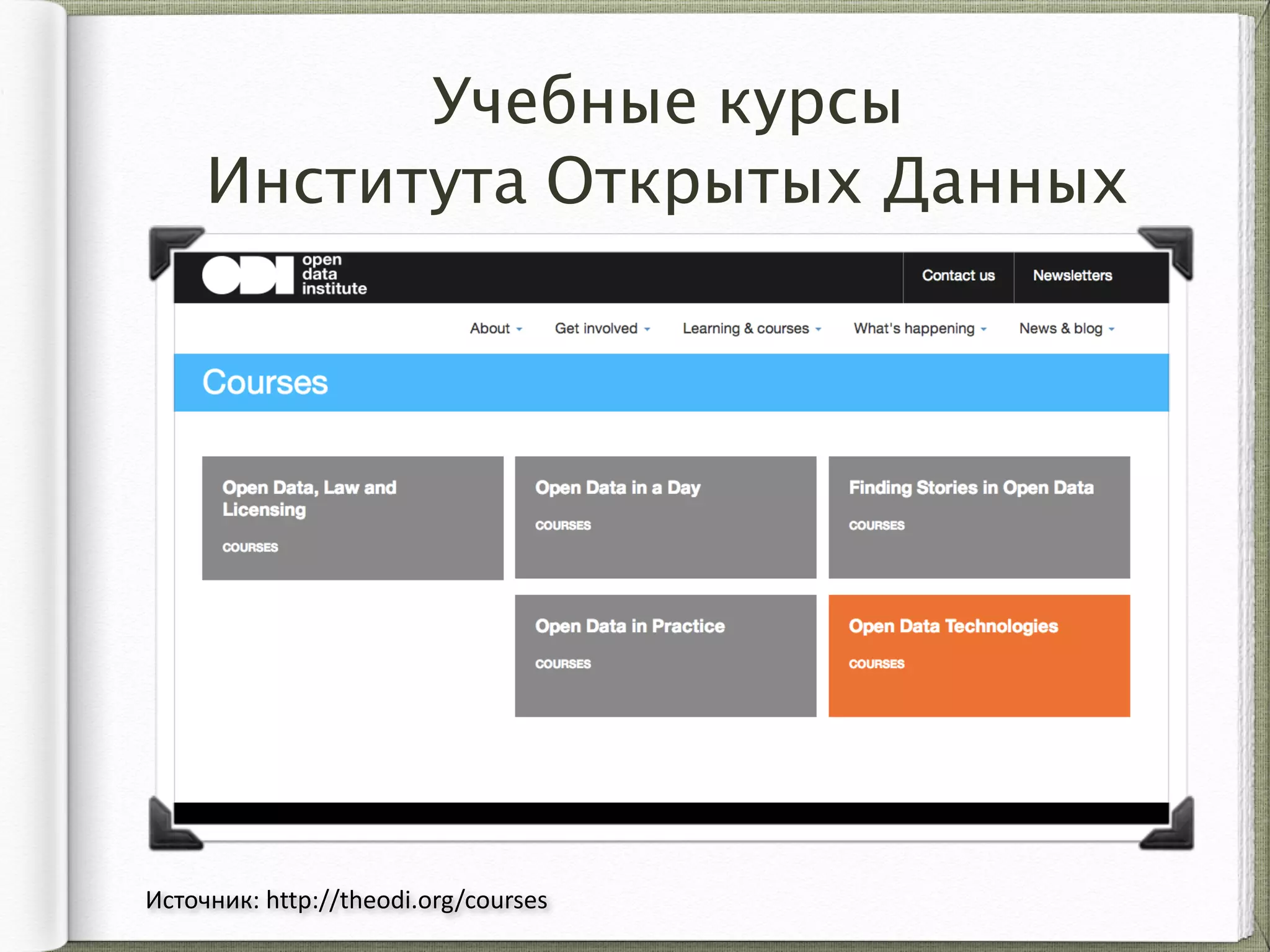Учебные курсы  
Института Открытых Данных
Источник:	
  http://theodi.org/courses
 