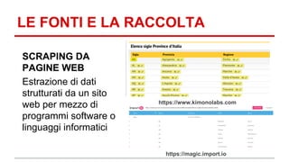 LE FONTI E LA RACCOLTA 
SCRAPING DA 
PAGINE WEB 
Estrazione di dati 
strutturati da un sito 
web per mezzo di 
programmi software o 
linguaggi informatici 
https://www.kimonolabs.com 
https://magic.import.io 
 
