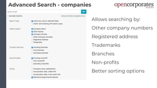 Advanced Search - companies
Allows searching by:
Other company numbers
Registered address
Trademarks
Branches
Non-profits
Better sorting options
 