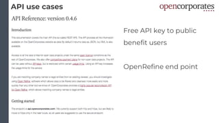 API use cases
Free API key to public
benefit users
OpenRefine end point
 