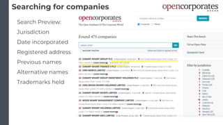 Searching for companies
Search Preview:
Jurisdiction
Date incorporated
Registered address
Previous names
Alternative names
Trademarks held
 