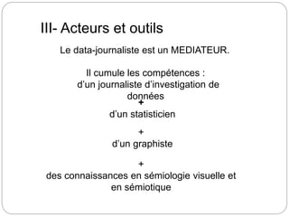Le data-journaliste est un MEDIATEUR.
III- Acteurs et outils
Il cumule les compétences :
d’un journaliste d’investigation de
données
+
d’un statisticien
+
d’un graphiste
+
des connaissances en sémiologie visuelle et
en sémiotique
 