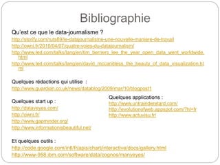 Bibliographie
Qu’est ce que le data-journalisme ?
http://storify.com/ruts89/le-datajournalisme-une-nouvelle-maniere-de-travail
http://owni.fr/2010/04/07/quatre-voies-du-datajournalism/
http://www.ted.com/talks/lang/en/tim_berners_lee_the_year_open_data_went_worldwide.
html
http://www.ted.com/talks/lang/en/david_mccandless_the_beauty_of_data_visualization.ht
ml
Quelques rédactions qui utilise :
http://www.guardian.co.uk/news/datablog/2009/mar/10/blogpost1
Quelques start up :
http://dataveyes.com/
http://owni.fr/
http://www.gapminder.org/
http://www.informationisbeautiful.net/
Et quelques outils :
http://code.google.com/intl/fr/apis/chart/interactive/docs/gallery.html
http://www-958.ibm.com/software/data/cognos/manyeyes/
Quelques applications :
http://www.untrainderetard.com/
http://evolutionofweb.appspot.com/?hl=fr
http://www.actuvisu.fr/
 