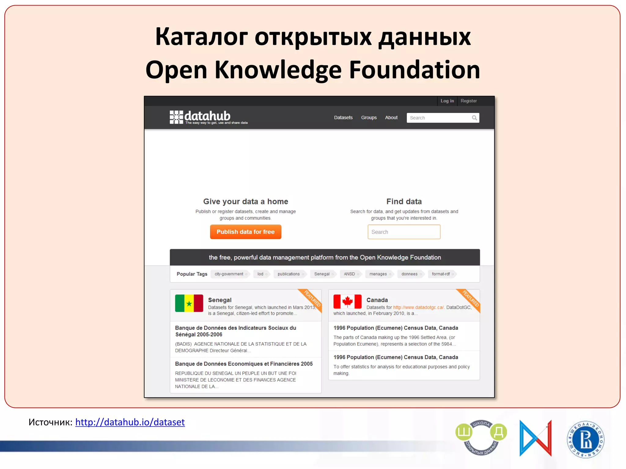 Каталог открытых данных
Open Knowledge Foundation
Источник: http://datahub.io/dataset
 