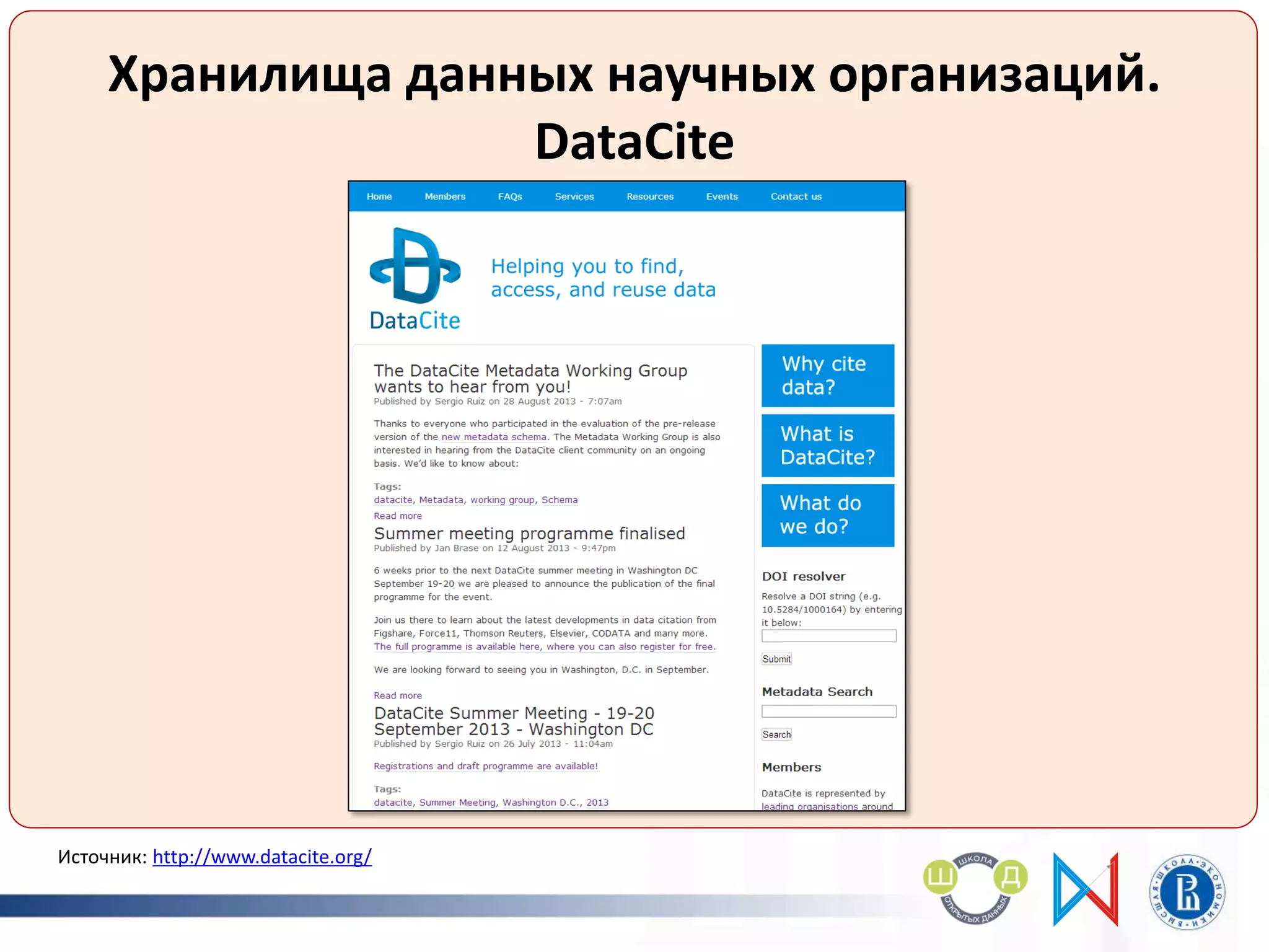 Хранилища данных научных организаций.
DataCite
Источник: http://www.datacite.org/
 
