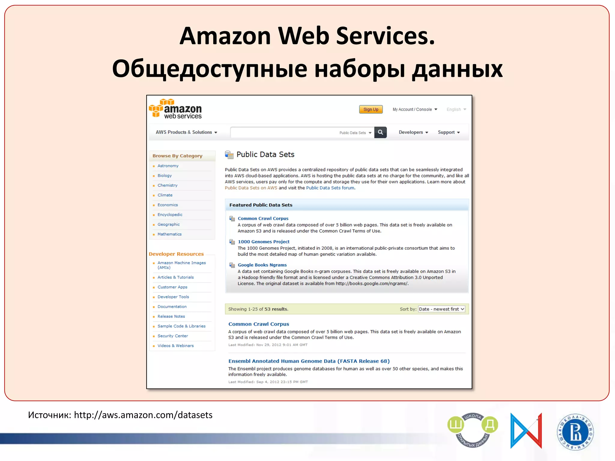 Amazon Web Services.
Общедоступные наборы данных
Источник: http://aws.amazon.com/datasets
 