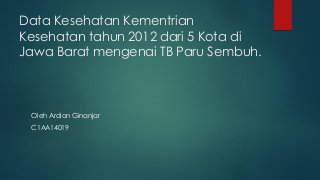 Data Kesehatan Kementrian
Kesehatan tahun 2012 dari 5 Kota di
Jawa Barat mengenai TB Paru Sembuh.
Oleh Ardian Ginanjar
C1AA14019
 