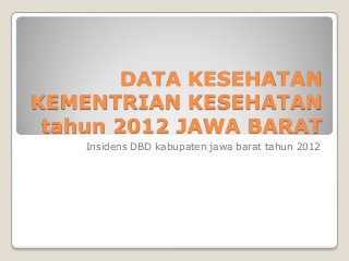 DATA KESEHATAN
KEMENTRIAN KESEHATAN
tahun 2012 JAWA BARAT
Insidens DBD kabupaten jawa barat tahun 2012
 