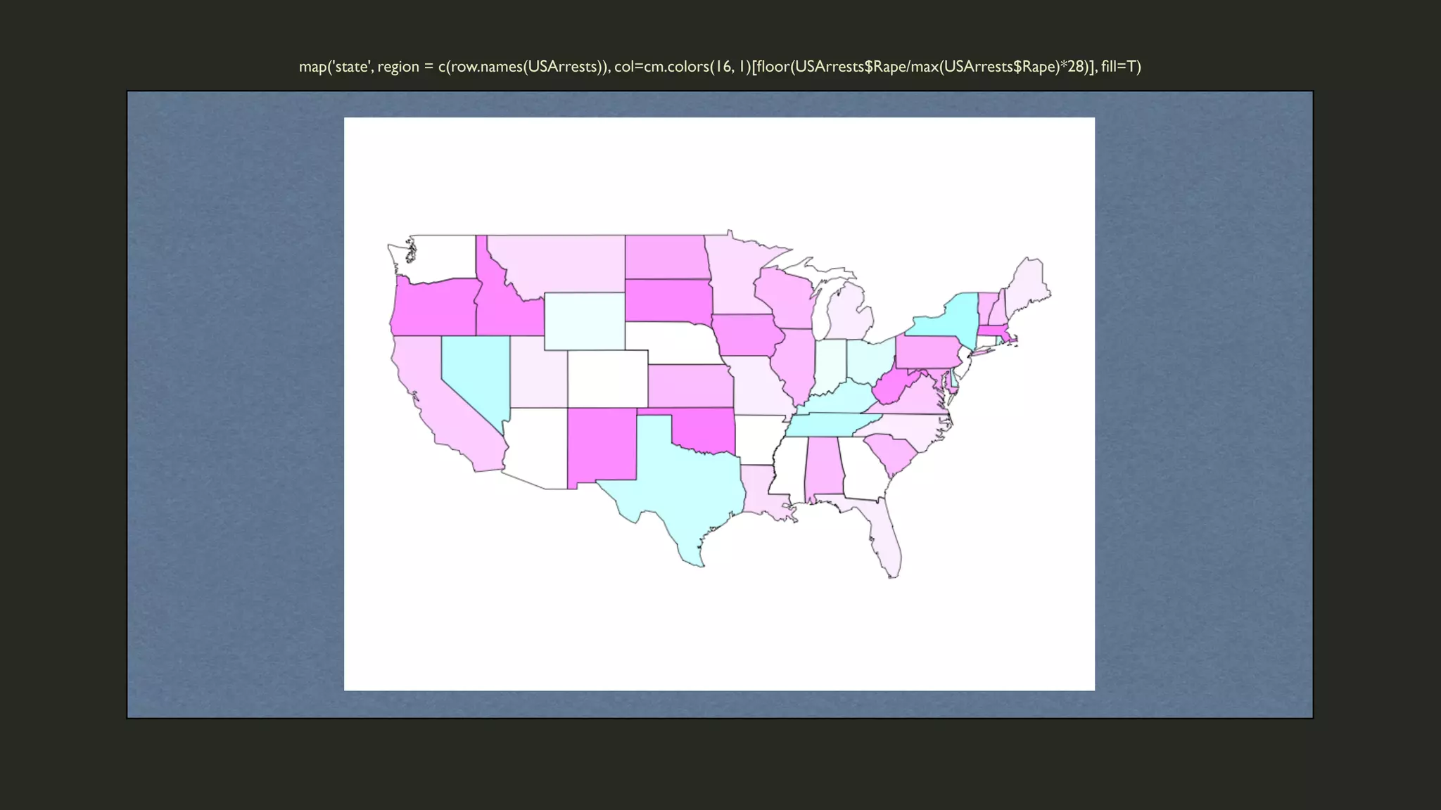 map('state', region = c(row.names(USArrests)), col=cm.colors(16, 1)[ﬂoor(USArrests$Rape/max(USArrests$Rape)*28)], ﬁll=T)

 
