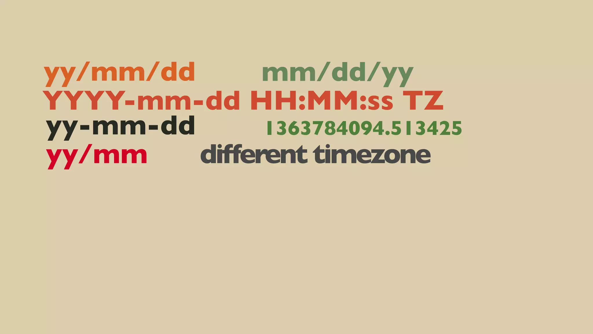 yy/mm/dd
mm/dd/yy
YYYY-mm-dd HH:MM:ss TZ
yy-mm-dd
1363784094.513425
yy/mm
different timezone

 