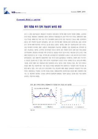 Economist 정용택, 김유미




Economic Brief (3/13     발간자료)




         중국 지준율 추가 인하 가능성이 높아진 환경

         중국 1∼2월 실물지표들이 예상보다 부진하게 나타나면서 경기에 대한 우려가 여전한 상황임. 고정자산
         투자 부문을 제외하면 소매판매나 생산이 대부분이 악화되었으며 2월 무역수지가 적자로 전환되면서 대외
         수요 부진을 재확인 함. 특히 지난 주초 전인대에서 올해 중국의 성장 목표치가 7.5%로 하향 조정되면서
         대규모 경기 부양책 가능성이 낮아졌다는 점이 중국 경기에 대한 기대치를 좀더 낮추게 하고 있음. 하지만
         중국 경기에 대해 비관적인 시각으로 접근할 필요는 없다는 생각임. 올해 중국 성장목표치의 경우 마지노
         선을 의미하며 과거에도 매번 그랬듯이 경제성장률이 목표치를 상회했던 것을 감안하면 8% 중후반의 성
         장은 가능하다는 생각임. 공격적인 경기부양은 아니나 정부의 내수 부양의 의지가 강한 만큼 이와 관련된
         경기부양책이 전인대가 마무리된 이후 순차적으로 발표될 여지가 있으며 최근 세금인하 등의 조치도 이에
         대한 연장선상으로 볼 수 있음. 여기에 2월 소비자물가가 전년동월비 3.2%로 크게 낮아지며 물가 부담이
         줄어들었다는 점은 완화적인 통화정책의 사용 여지가 좀더 넓어졌음을 시사한다는 점에서 좀더 적극적으
         로 유동성 공급에 나설 수 있음. 특히 중국의 지급준비율이 조만간 추가로 인하될 것으로 보이는데 대체로
         지준율 조정은 해외 자금 유출입과 좀더 밀접하게 보이고 있다는 점에 기인하고 있음. 최근 중국 핫머니
         유출은 해외 자금 유출에 따른 시중 유동성 우려를 뒷받침해 주면 상대적으로 지준율의 인하 가능성을 뒷
         받침 해주고 있음. 지난 12일 중국 인민은행이 주요 외신과의 대화 내용을 살펴보면 지준율의 추가 인하
         여지는 충분하다고 주장하는 동시에 지준율 인하는 외환보유액의 증감에 따라 유동성 헤지 차원에서 이뤄
         지는 것, 세간에서 생각하는 것처럼 긴축이나 통화정책 완화와는 상관이 없다고 강조한 점은 이를 충분히
         보여주는 부분이라 하겠음.




                중국, 물가 하락과 핫머니 유출  추가 지준율 인하 가능성 보다 높아짐

                  32     (중국 목표치 M2증가율 14%, CPI 4%)                16
                                                                        100                                    22.0
                  28
                                                                   12    75                                    20.0
                  24                                                                                           18.0
                                                                   8     50
                  20                                                                                           16.0
                                                                         25
                  16                                               4                                           14.0
                                                                          0
                  12                                                                                           12.0
                                                                   0    -25
                                                                                                               10.0
                   8                                                    -50
                                                                   -4                                          8.0
                   4                                                    -75                                    6.0
                   0                                               -8   -100                                   4.0
                       99 00 01 02 03 04 05 06 07 08 09 10 11 12               02 03 04 05 06 07 08 09 10 11
                             M2(yoy%,좌)          CPI(yoy%,우)                    핫머니 규모(십억달러,좌)        지급준비율(%,우)

                자료: CEIC




                                                                                         Weekly Econ data | 12 page
 