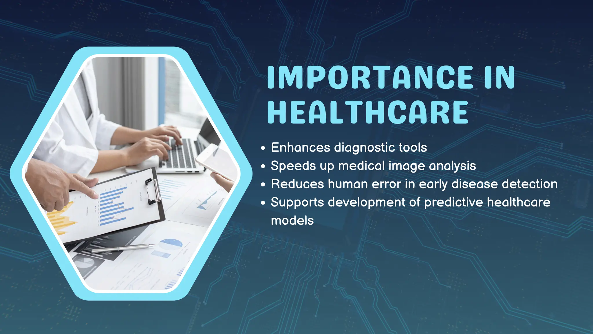 IMPORTANCE IN
HEALTHCARE
Enhances diagnostic tools
Speeds up medical image analysis
Reduces human error in early disease detection
Supports development of predictive healthcare
models
 
