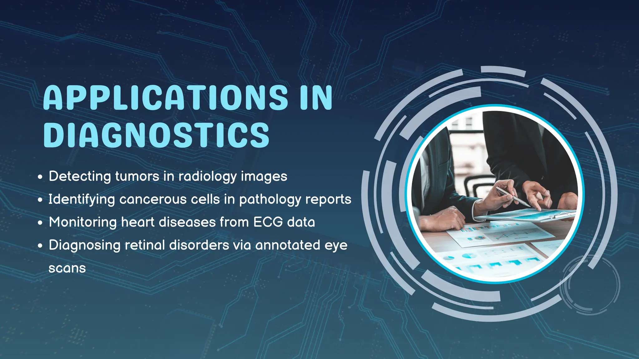 APPLICATIONS IN
DIAGNOSTICS
Detecting tumors in radiology images
Identifying cancerous cells in pathology reports
Monitoring heart diseases from ECG data
Diagnosing retinal disorders via annotated eye
scans
 