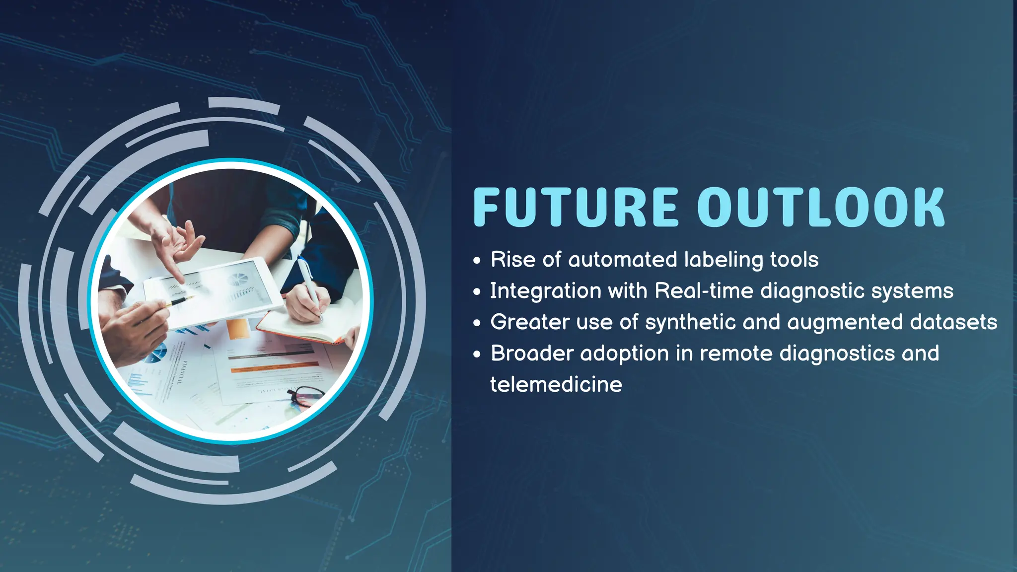 FUTURE OUTLOOK
Rise of automated labeling tools
Integration with Real-time diagnostic systems
Greater use of synthetic and augmented datasets
Broader adoption in remote diagnostics and
telemedicine
 