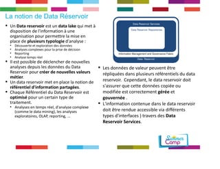 La notion de Data Réservoir 
 Un Data reservoir est un data lake qui met à 
disposition de l'information à une 
organisation pour permettre la mise en 
place de plusieurs typologie d'analyse : 
• Découverte et exploration des données 
• Analyses complexes pour la prise de décision 
• Reporting 
• Analyse temps réel 
 Il est possible de déclencher de nouvelles 
analyses depuis les données du Data 
Reservoir pour créer de nouvelles valeurs 
métier. 
 Un data reservoir met en place la notion de 
référentiel d'information partagées. 
 Chaque Référentiel du Data Reservoir est 
optimisé pour un certain type de 
traitement. 
• Analyses en temps réel, d'analyse complexe 
(comme le data mining), les analyses 
exploratoires, OLAP, reporting, ... 
Data Reservoir Services 
Data Reservoir Repositories 
Information Management and Governance Fabric 
Data Reservoir 
 Les données de valeur peuvent être 
répliquées dans plusieurs référentiels du data 
reservoir. Cependant, le data reservoir doit 
s'assurer que cette données copiée ou 
modifiée est correctement gérée et 
gouvernée . 
 L'information contenue dans le data reservoir 
doit être rendue accessible via différents 
types d'interfaces ) travers des Data 
Reservoir Services. 
 