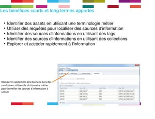 Les bénéfices courts et long termes apportés 
● Identifier des assets en utilisant une terminologie métier 
● Utiliser des requêtes pour localiser des sources d'information 
● Identifier des sources d'informations en utilisant des tags 
● Identifier des sources d'informations en utilisant des collections 
● Explorer et accéder rapidement à l'information 
Récupérer rapidement des données dans des 
sandbox en utilisant le dictionnaire métier 
pour identifier les sources d'information à 
utiliser 
 