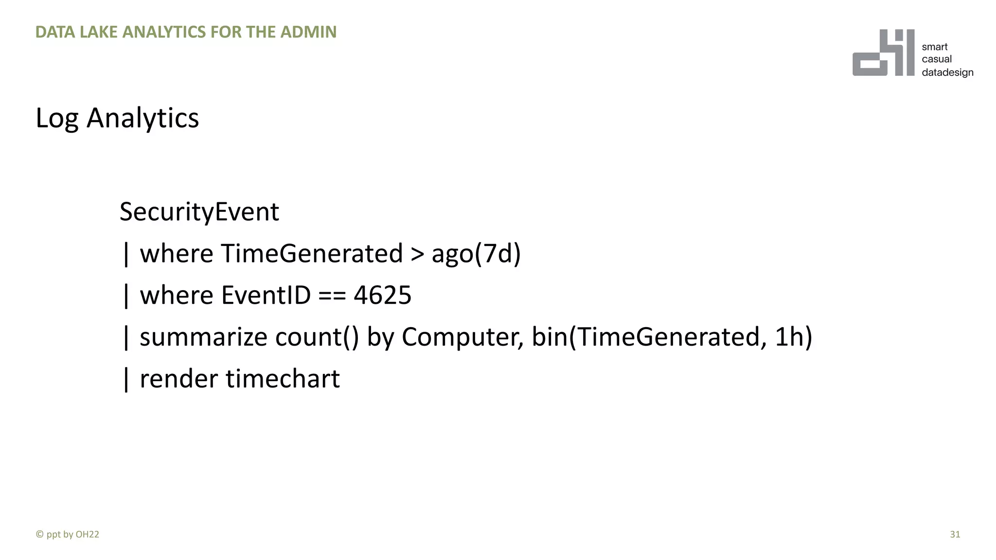 SecurityEvent
| where TimeGenerated > ago(7d)
| where EventID == 4625
| summarize count() by Computer, bin(TimeGenerated, 1h)
| render timechart
31
DATA LAKE ANALYTICS FOR THE ADMIN
Log Analytics
© ppt by OH22
 
