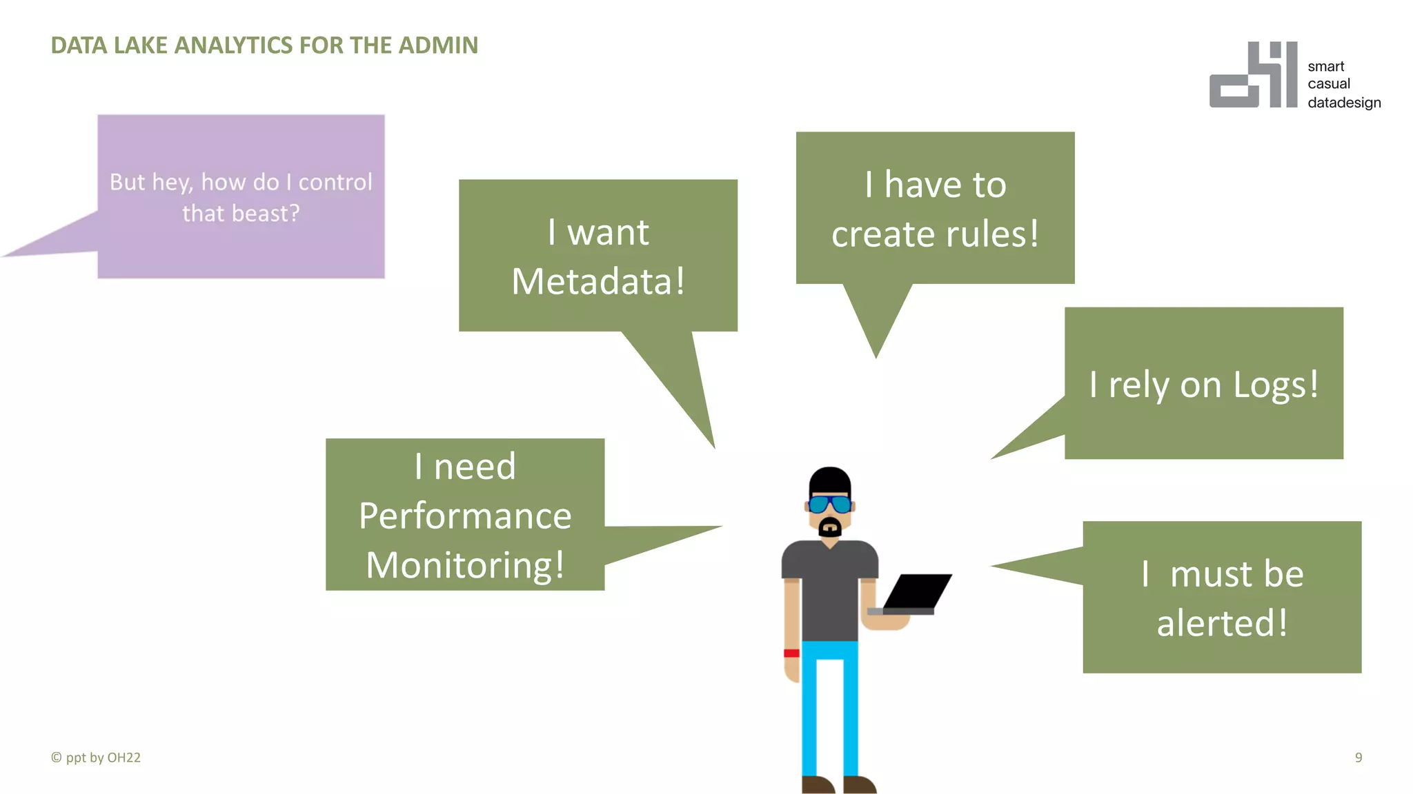 DATA LAKE ANALYTICS FOR THE ADMIN
9© ppt by OH22
I want
Metadata!
I need
Performance
Monitoring!
I have to
create rules!
I must be
alerted!
I rely on Logs!
 