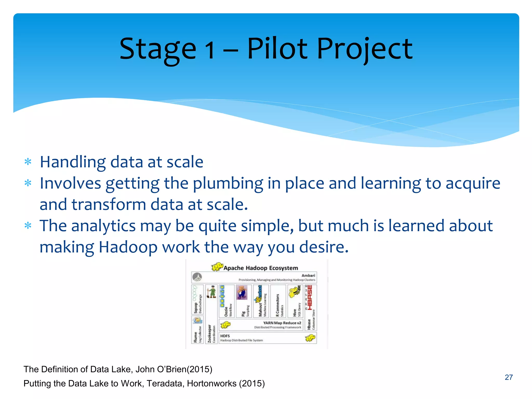 Stage 1 – Pilot Project
 Handling data at scale
 Involves getting the plumbing in place and learning to acquire
and transform data at scale.
 The analytics may be quite simple, but much is learned about
making Hadoop work the way you desire.
27
The Definition of Data Lake, John O’Brien(2015)
Putting the Data Lake to Work, Teradata, Hortonworks (2015)
 