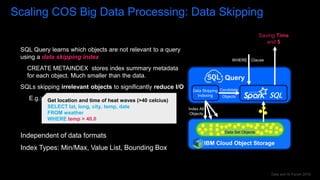 Data and AI Forum 2019
Scaling COS Big Data Processing: Data Skipping
Index All
Objects
IBM Cloud Object Storage
Data Set Objects
SQL
Query
Data Skipping
Indexing
Candidate
Objects
WHERE Clause
Saving Time
and $
SQL Query learns which objects are not relevant to a query
using a data skipping index
CREATE METAINDEX stores index summary metadata
for each object. Much smaller than the data.
SQLs skipping irrelevant objects to significantly reduce I/O
E.g.:
Independent of data formats
Index Types: Min/Max, Value List, Bounding Box
Get location and time of heat waves (>40 celcius)
SELECT lat, long, city, temp, date
FROM weather
WHERE temp > 40.0
 