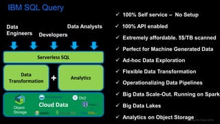 Data and AI Forum 2019
IBM SQL Query
Cloud Data
Data
Transformation
Serverless SQL
Analytics
Object
Storage
Db2
+
Developers
Data
Engineers
Data Analysts
 Perfect for Machine Generated Data
 Ad-hoc Data Exploration
 Operationalizing Data Pipelines
 Big Data Lakes
 Flexible Data Transformation
 Extremely affordable. 5$/TB scanned
 100% API enabled
 Analytics on Object Storage
 Big Data Scale-Out. Running on Spark
 100% Self service – No Setup
 