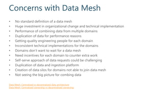 Concerns with Data Mesh
• No standard definition of a data mesh
• Huge investment in organizational change and technical implementation
• Performance of combining data from multiple domains
• Duplication of data for performance reasons
• Getting quality engineering people for each domain
• Inconsistent technical implementations for the domains
• Domains don’t want to wait for a data mesh
• Need incentives for each domain to counter extra work
• Self-serve approach of data requests could be challenging
• Duplication of data and ingestion platform
• Creation of data silos for domains not able to join data mesh
• Not seeing the big picture for combing data
Data Mesh: Centralized vs decentralized data architecture
Data Mesh: Centralized ownership vs decentralized ownership
 