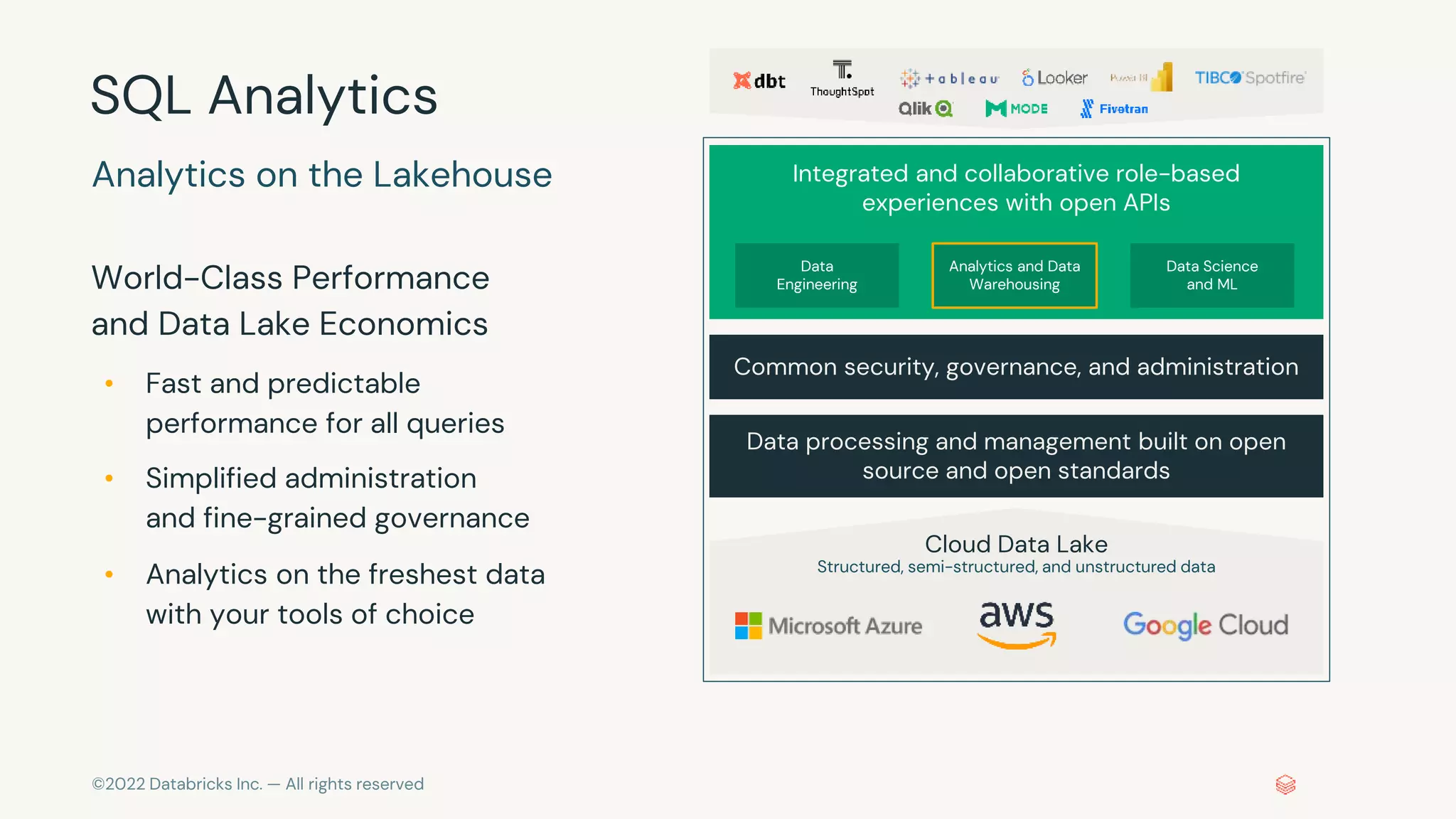 ©2022 Databricks Inc. — All rights reserved
SQL Analytics
World-Class Performance
and Data Lake Economics
• Fast and predictable
performance for all queries
• Simplified administration
and fine-grained governance
• Analytics on the freshest data
with your tools of choice
Analytics on the Lakehouse Integrated and collaborative role-based
experiences with open APIs
Data processing and management built on open
source and open standards
Common security, governance, and administration
Cloud Data Lake
Structured, semi-structured, and unstructured data
Data
Engineering
Analytics and Data
Warehousing
Data Science
and ML
 
