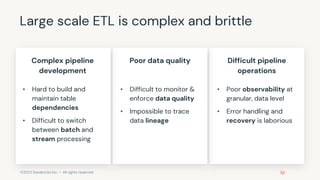 ©2022 Databricks Inc. — All rights reserved
Large scale ETL is complex and brittle
• Hard to build and
maintain table
depe...