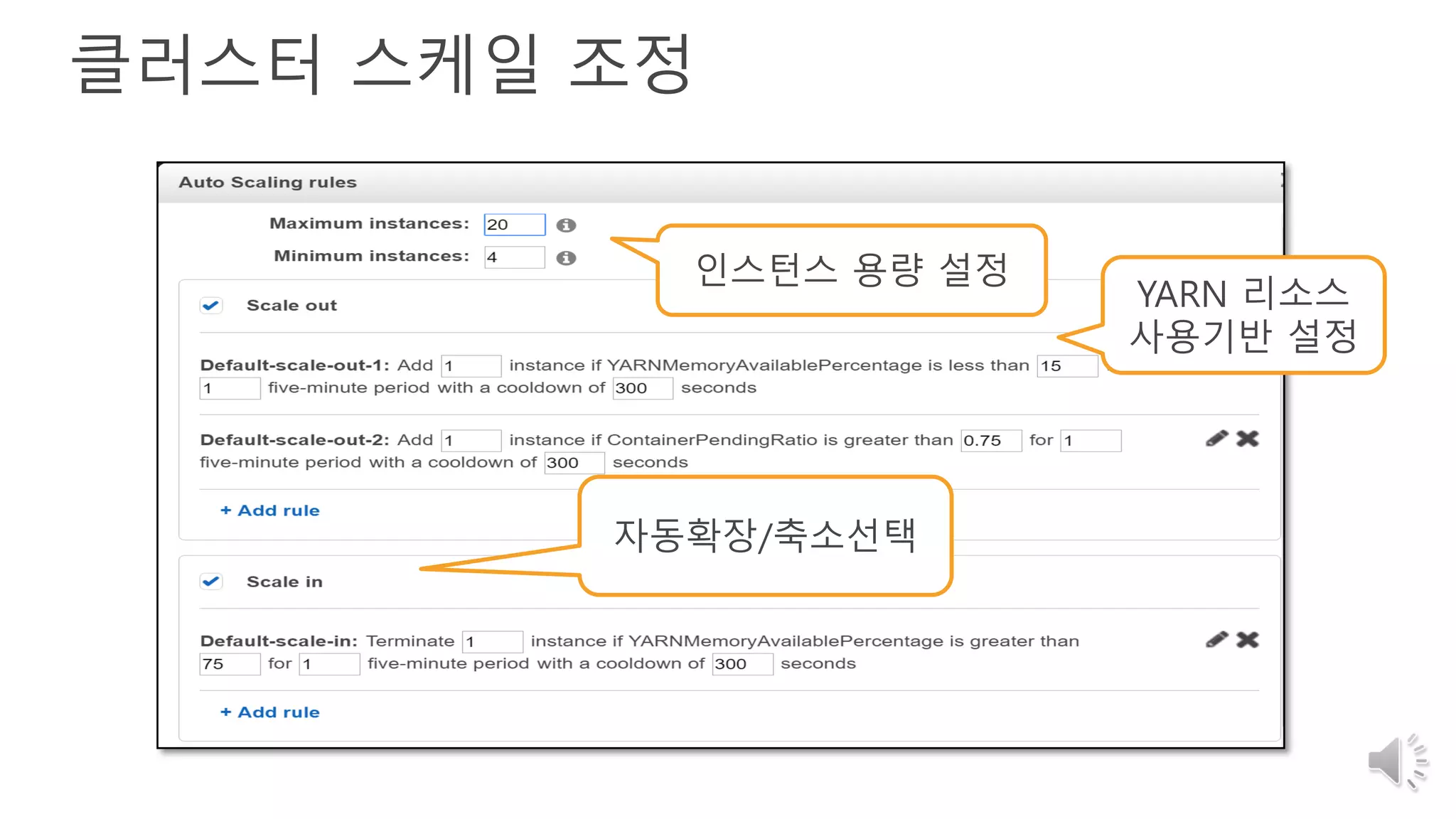 클러스터 스케일 조정
인스턴스 용량 설정
YARN 리소스
사용기반 설정
자동확장/축소선택
 