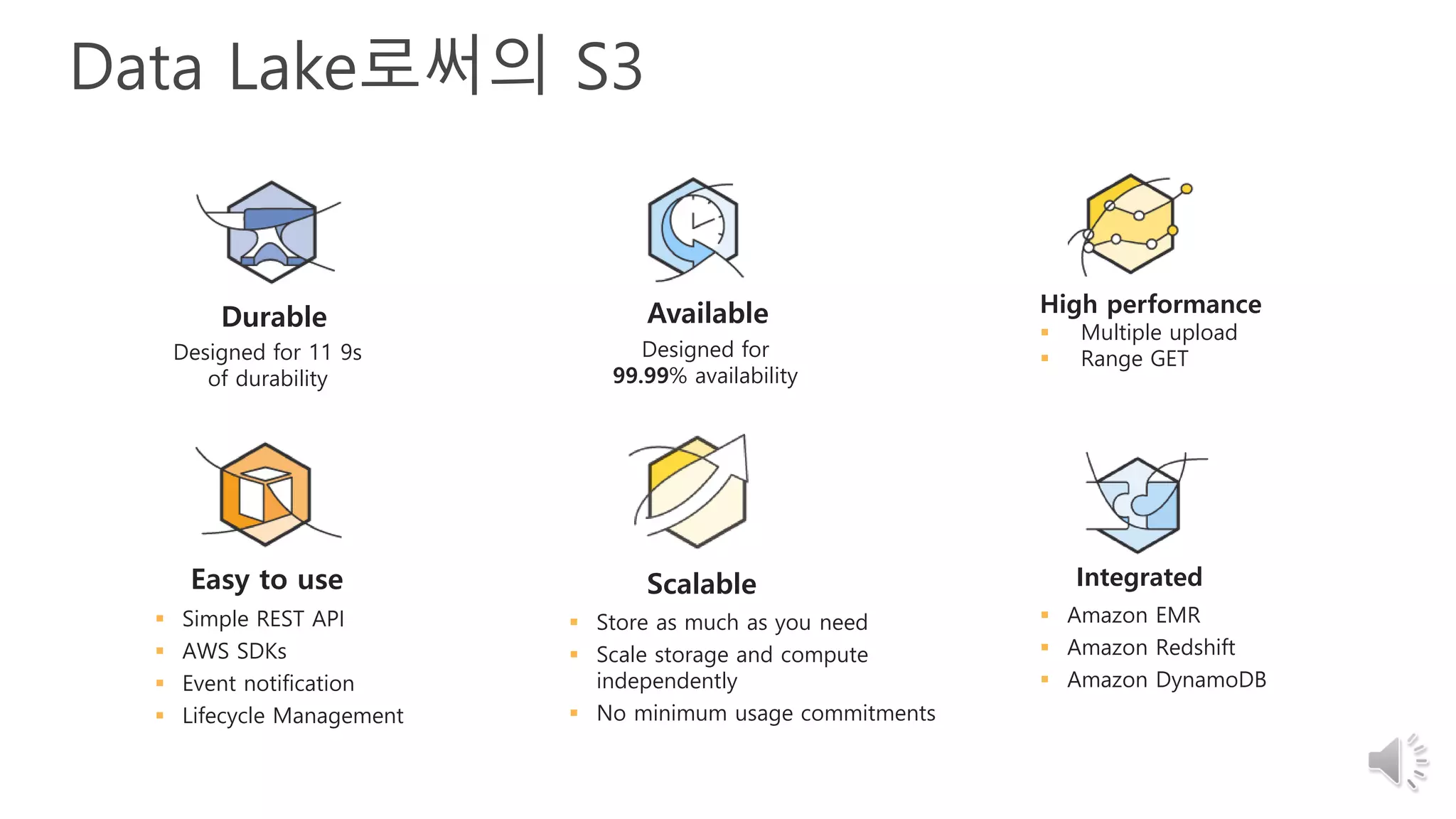 Data Lake로써의 S3
Designed for 11 9s
of durability
Designed for
99.99% availability
Durable Available High performance
 Multiple upload
 Range GET
 Store as much as you need
 Scale storage and compute
independently
 No minimum usage commitments
Scalable
 Amazon EMR
 Amazon Redshift
 Amazon DynamoDB
Integrated
 Simple REST API
 AWS SDKs
 Event notification
 Lifecycle Management
Easy to use
 